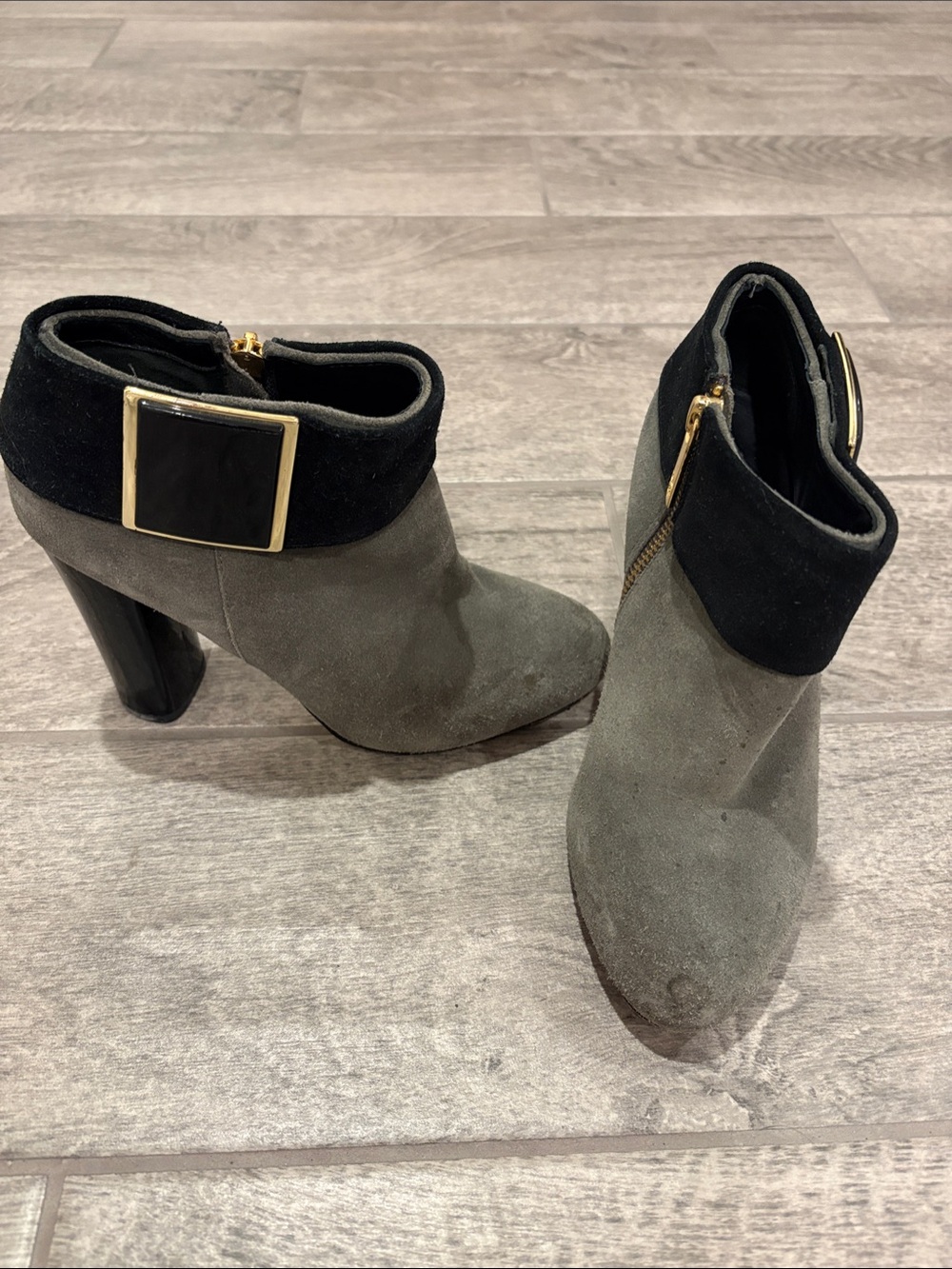 Tory Burch Gray Suede Ankle Boots with Black Cuff and Gold Buckle Accent